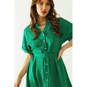 Vestido Mini Verde Relajado con Cinturón, Botones Delanteros, Decoración Drapeada, Cintura Natural, Transpirable, Largo hasta la Rodilla, Uso Diario, Suministro ODM - Product Image 1