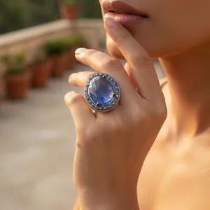 Women's 18K Solid <b>Gold</b> Sapphire <b>Cocktail</b> <b>Ring</b> Oval Cut Bezel Setting Luxury Fine Jewelry Party <b>Rings</b> - Product Image 1