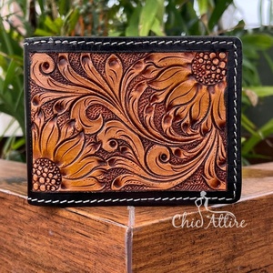 Cartera de cuero hecha a mano, tarjetero plegable con diseño de girasol Floral de cuero auténtico occidental Vintage para hombre - Product Image 1