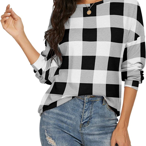 Sudadera Personalizada para Mujer en Cuadros de Búfalo Blanco y Negro |   Suéter Casual de Manga Larga y Cuello Redondo |   Camisa a Cuadros de Mezcla de Algodón, Talla Grande - Product Image 4