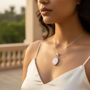 Bijou unisexe classique en argent 925 avec nacre rose, serti de pierres en forme ovale géométrique, idéal comme cadeau - Product Image 3