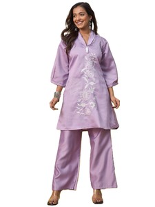 Conjunto de 2 Piezas para Mujer, Color Morado, Bordado, Cuello Mandarín, Top Largo, Pantalones Anchos, Casual, Primavera-Verano, Uso Diario, Transpirable - Product Image 3