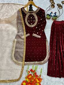 Ensemble haut et pantalon palazzo de soirée moderne et élégant avec dupatta fantaisie en velours de viscose lourd brodé et orné de perles, séchage rapide - Product Image 5