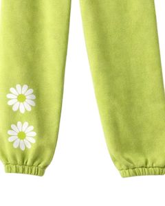 Ensemble sweat à capuche et pantalon de jogging imprimé fleurs marguerites vert lime pour femme, pull molletonné avec pantalon assorti, tenue décontractée - Product Image 6