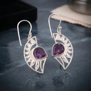 Boucles d'oreilles pendantes Bohème en argent sterling 925 pour femme, serties d'améthyste, motif géométrique, pour usage quotidien - Product Image 4
