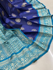 Magnifique sari de créateur de couleur identique, en soie Banarasi de qualité supérieure avec broderie en dentelle et impression numérique, et soie Benglori B - Product Image 3
