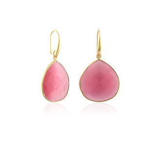 Pendientes colgantes con bisel de piedra preciosa ojo de gato rosa, latón macizo chapado en oro de 18k, joyería de moda, pendientes con forma de corazón - Product Image 3