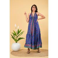 Robe longue vintage en soie tissée pour femme, dos nu, col en V, taille élastique, imprimé floral, lavable, coupe trapèze, pour l'été, la plage et les soirées