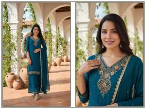 Tenue ethnique pour femmes en georgette personnalisable, travail manuel lourd, plazo OEM ODM, pour un style polyvalent - Product Image 5