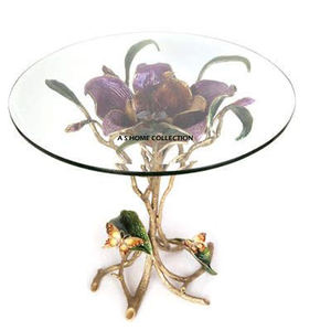 Table basse décorative pour la maison en métal de style floral et feuillu avec cadre doré et plateau en verre rond - Product Image 1