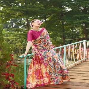 Vestido étnico de calidad de exportación India Colección Premium Hermoso DISEÑO DE Bollywood Tussar Seda con sari con estampado de Kalamkari a la venta - Product Image 1