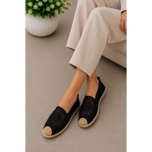 Zapatos Planos de Ballet con Diseño Floral Negro, Tejidos, Cerrados, Transpirables, con Cierre Deslizante, Suela de Corcho, Forro Textil, para Otoño - Product Image 1