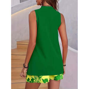 Women'<b>s</b> Strappy V-Neck Sandy <b>Blouse</b> <b>and</b> Patterned Shorts Two-Piece Set, 37823 - Green - Product Image 4