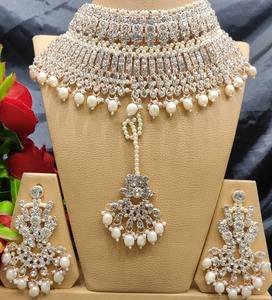 Luxury Vintage Copper Gold Plated <b>Pearl</b> Choker <b>Necklace</b> <b>Set</b> <b>Earrings</b> Maang Tikka Lightweight Design Wedding Bridal Party Wear - Product Image 1