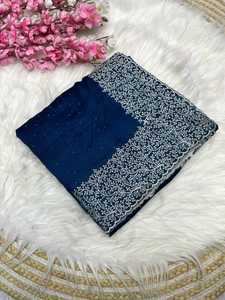 Diseñador indio último suave Vichitra seda Sari exclusivo fiesta boda desgaste Sari para mujer chica Jari trabajo color azul Sari - Product Image 2