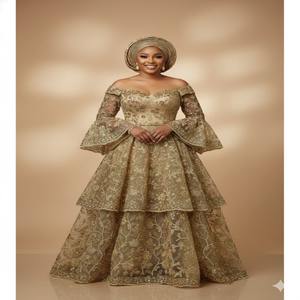 Formal Wedding Collection Luxurious Traditional Beaded Embroidery Net <b>Lace</b> Polyester/Cotton Monochromatic Gold Theme Design - Product Image 1