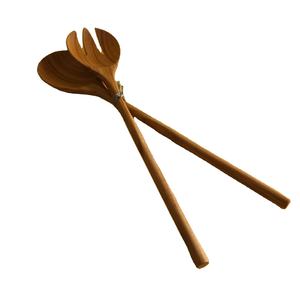 Cuchara de madera de acacia de 11 pulgadas hecha a mano y tenedor para servir, Juego de 2 servidores de ensalada, ensalada de servicio personalizada de acero inoxidable - Product Image 1