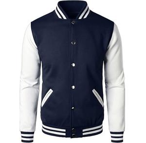 Vente en gros de vestes universitaires formelles bleu marine pour hommes avec col montant, style streetwear en laine imprimé de logo personnalisé - Product Image 1