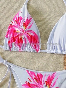 Traje de Baño de Dos Piezas para Mujer, Talla Grande, Sexy, Triangular, Personalizado, con Estampado de Hibisco, OEM, Venta al por Mayor, con Logotipo Frontal y Lazos Laterales - Product Image 6