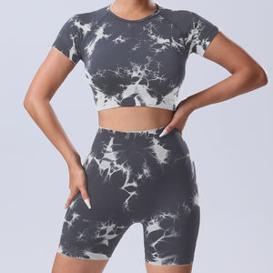 Conjunto deportivo de cintura alta para mujer, Yoga, correr, gimnasio, conjunto deportivo, camisa de manga corta de compresión, pantalones con patrón estampado, parte superior e inferior - Product Image 3