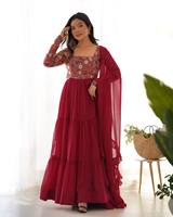Ensemble Robe Longue Fluide en Tissu Georgette de Renard Pur Ultra Doux pour Femme avec Dupatta et Pantalon Coupe Droite Séchage Rapide Réversible