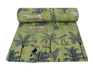 Indian Hand Block Jungle Safari Print Kantha Quilt Twin/Queen/King Kantha <b>Throw</b>, Bedspread Cotton, Kantha <b>Bed</b> Cover Quilt Queen - Product Image 1