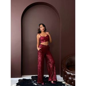 Topshow <b>Red</b> <b>Sequined</b> Wide Leg Women's Trousers for Stylish Evening Party Combinations and Elegant Night Outfits - Product Image 5
