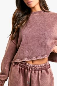 ชุดวอร์มผู้หญิงผ้าฝ้ายแท้ 100% ล้างสีแบบ Acid Wash สำหรับฤดูหนาว รับผลิตแบบ OEM/ODM พร้อมสกรีนโลโก้พิมพ์นูน 2 ชิ้น เสื้อครอปแขนยาว กางเกงทรงหลวม - Product Image 5