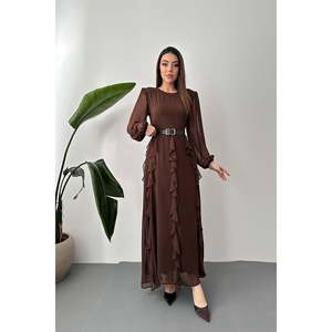Vestido de Gasa Marrón con Cinturón - Marrón - Product Image 1