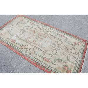 <b>Vintage</b> Large Area Turkish <b>Rug</b> 3.7 X 7.3ft Beige Red Kilim Style with Abstract Pattern Wool Material 10mm Thickness Latex Backed - Product Image 4