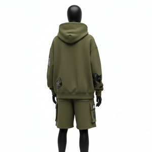 Ensemble sweat à capuche et short en molleton de coton lourd pour femme, vert olive, tenue décontractée, broderie de logo personnalisée pour femme - Product Image 6