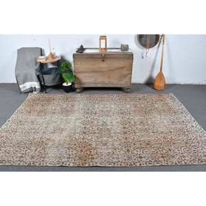 Alfombra de lana marrón beige hecha a mano Vintage, alfombras turcas rectangulares de 5,3x9 pies, diseño de retazos para sala de estar, cabecera, respaldo de látex - Product Image 1