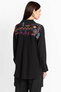 Boho Embroidered <b>Patchwork</b> Shirt Women's Loose Fit Three Quarter Sleeve Casual <b>Top</b> All Seasons Black Polyester Blouse - Product Image 4