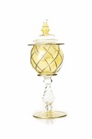 Brûleur à Bakhoor en Verre avec Couvercle en Dôme, Soufflé à la Main, Mabkhara Égyptienne, Cage Dorée à Côtes, Tige Torsadée, pour Encens Oud et Charbon