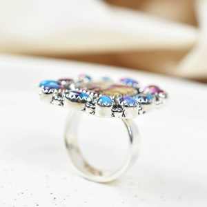 Anillo de declaración ajustable de plata de ley con ajuste de bisel de corte ovalado turquesa Dalia Rosa hecho a mano para boda y fiesta - Product Image 2