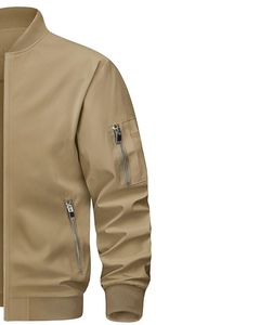Blouson bomber kaki pour homme avec col côtelé assorti, fermeture éclair sur le devant, léger, décontracté, streetwear, vêtement d'extérieur, couleur beige kaki - Product Image 2