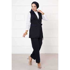 Conjunto de chaleco azul marino para mujer con lazo lateral, elegante conjunto de traje - Product Image 3