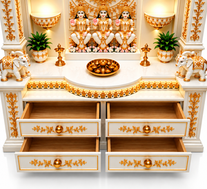 Göttlicher weiß-goldener handgeschnitzter Teakholz-Tempel Shree Ganesh, Massivholz-Mandir für Zuhause, Teakholz-Gebetstempel USA - Product Image 3