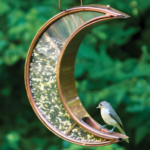 Décoration d'intérieur moderne, durable et unique, magnifique support de pilier en métal et en verre en forme de lune, mangeoire à oiseaux avec design suspendu - Product Image 2