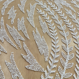 2024 Luxury <b>White</b> Bridal <b>Lace</b> <b>Fabric</b> Heavy Beaded Pearls Full Design with Heavy Crystal Net for Custom Wedding Veil - Product Image 1