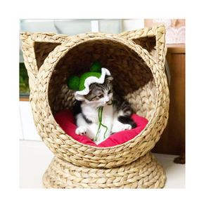 Lit en osier naturel pour chat avec boule suspendue et coussin en coton-Jacinthe d'eau-Maison pour animaux de compagnie - Product Image 6