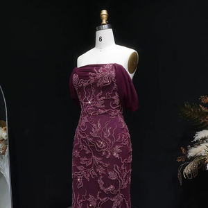 Vestido de Noche Jancember LSZ622 en Terciopelo Magenta con Lentejuelas, Vestido de Gala Estilo Sirena, Vestido de Fiesta Formal con Mangas Abullonadas - Product Image 5