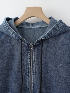 Veste en jean unisexe de haute qualité avec capuche, décontractée, boutonnée, pour l'automne et l'hiver, délavée, coupe-vent, col rabattu, manches classiques - Product Image 3