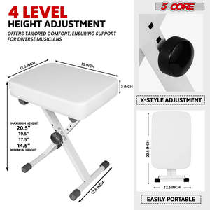 5 Core Keyboard Bench 3 Inch Padded Piano <b>Stool</b> Adjustable 20.5" Guitar Seat Heavy Duty <b>Portable</b> - Product Image 2