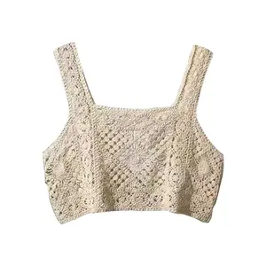 Solid color crochet knitted tank top vest Women embroidery vest crochet crop top Bohemian backless tank top