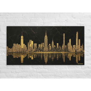 Toile rectangulaire XL Golden Skyline noire et or, paysage urbain, design Art déco contemporain pour salon, encadrée avec cadre en métal - Product Image 6