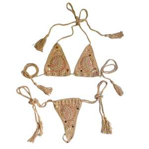 European American Style <b>Sexy</b> 2-Piece <b>Bikini</b> <b>Set</b> Factory Handmade Sequin Embroidery Crochet Lace-up Detail Waist Features Direct - Product Image 4