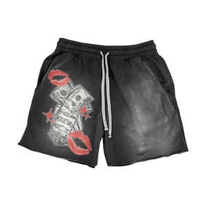 Women 320 GSM Cotton Polyester Acid Wash Black Fleece Shorts Puff Print Screen Print Custom Logo women's shorts - Product Image 5