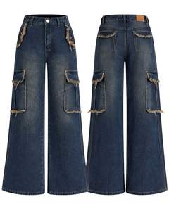 Jeans cargo à jambes larges bleus personnalisés pour femmes, pantalon en denim taille haute avec poches déchirées, streetwear, fabricant de mode - Product Image 1