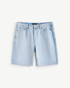 Shorts en denim non tissé uni pour homme, étiquette pointue, respirant, décontracté, été, taille mi-haute, coupe droite, fermeture à cordon, routine Vietnam - Product Image 1
